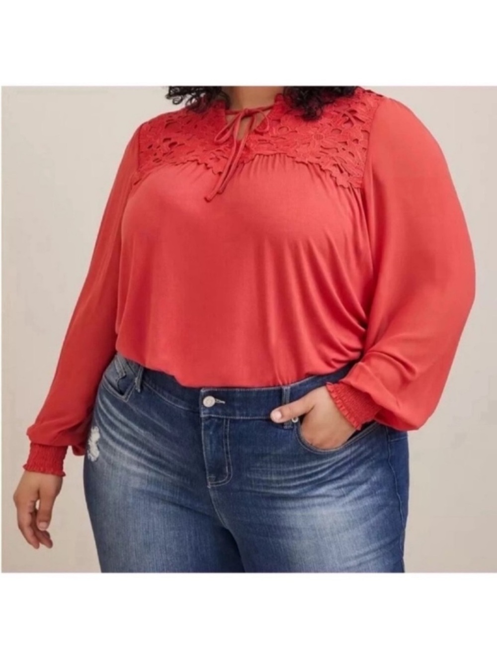 Torrid Chiffon Sleeve Lace Inset Tie Detail Top/Shirt/Blouse Sz 3X Rust Red